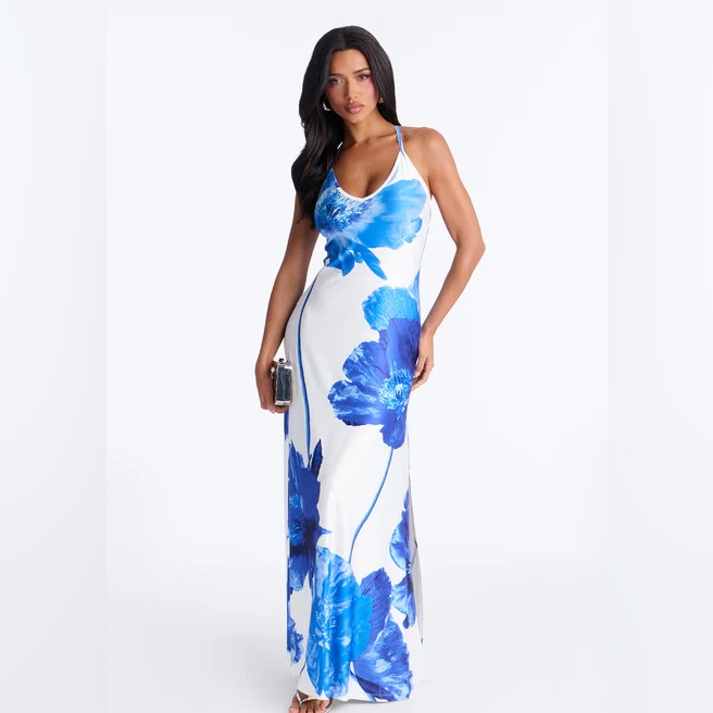 White Maxi Dress With Bold Blue Floral Print